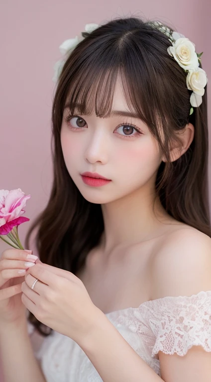 One girl,flower, Lisianthus ,Pale pinkと淡い青のスタイル, A dreamy, romantic piece, Pale pink,Fantasy, White off-the-shoulder dress,Pink Long Hair,Brush strokes, Negative Space,Fantasy