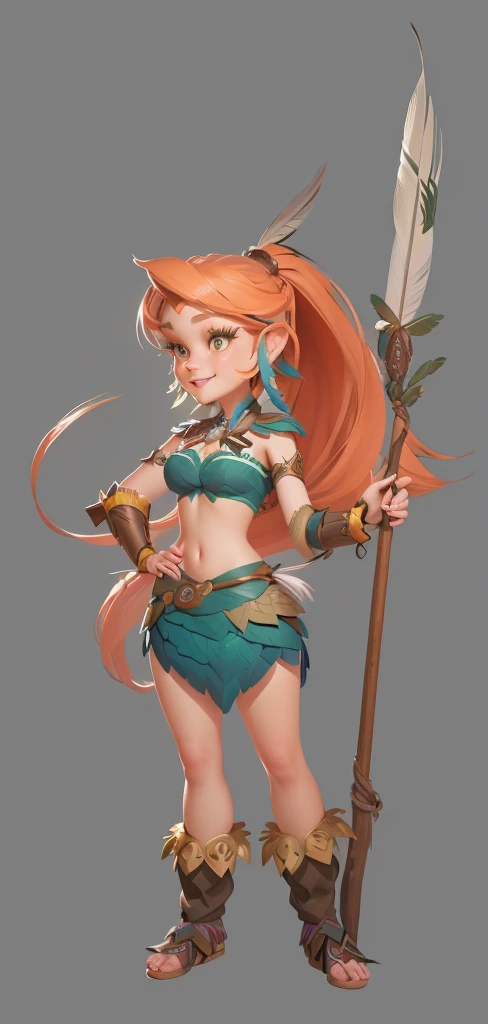 Close-up shot of cartoon girl in feather costume,,Happy laughing forest hunter lady, Exquisite facial features,Big eyes, white long hair lady, realistic character concept, Whole body concept, April Rendering, detailed Whole body concept, Female characters, Ultra-detailed fantasy characters, detailed Whole body concept art, Full body portrait, tribal girl, Character posing in concept art, unrealistic character concept, Full body portrait, 3D Game Style