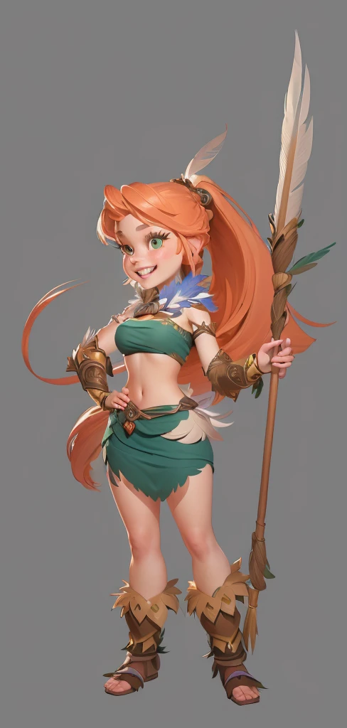 Close-up shot of cartoon girl in feather costume,,Happy laughing forest hunter lady, Exquisite facial features,Big eyes, white long hair lady, realistic character concept, Whole body concept, April Rendering, detailed Whole body concept, Female characters, Ultra-detailed fantasy characters, detailed Whole body concept art, Full body portrait, tribal girl, Character posing in concept art, unrealistic character concept, Full body portrait, 3D Game Style