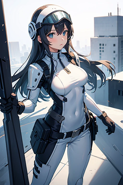 1girl, staff, solo, bodysuit, helmet, gloves, armor, boots, white_bodysuit, standing, holding, belt