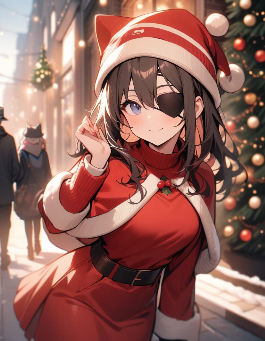 One girl, highest quality，so beautiful，Christmas，Outdoor，masterpiece，Eye patch，Date，Cat hat，smile