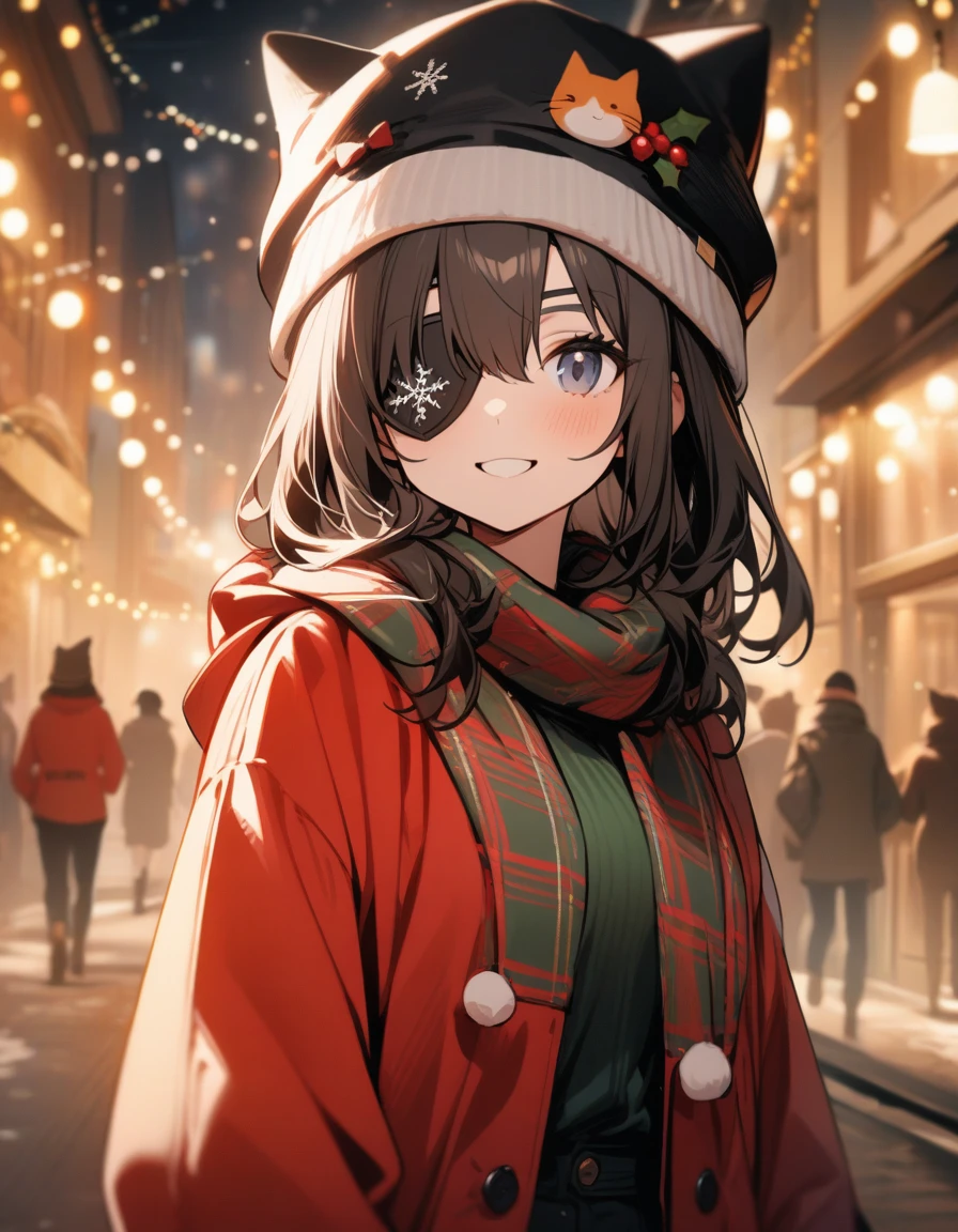 One girl, highest quality,so beautiful,Christmas,Outdoor,masterpiece,Eye patch,Date,Cat hat,smile