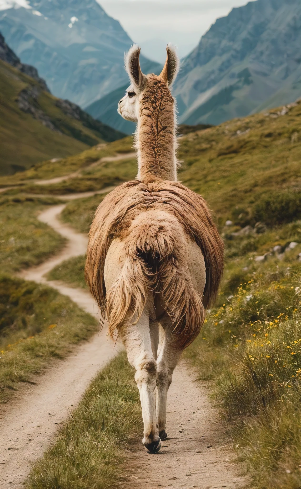 A stunning wildlife photograph capturing the majestic back view of a llama walking gracefully along a winding path amidst green meadows in the Andes mountain range. The llama's coat is a mix of brown and beige, with its long, thick hair flowing gently in the breeze. A scenic mountain backdrop frames the image, and the meadow is lush with wildflowers, offering a sense of serenity and tranquility., wildlife photography