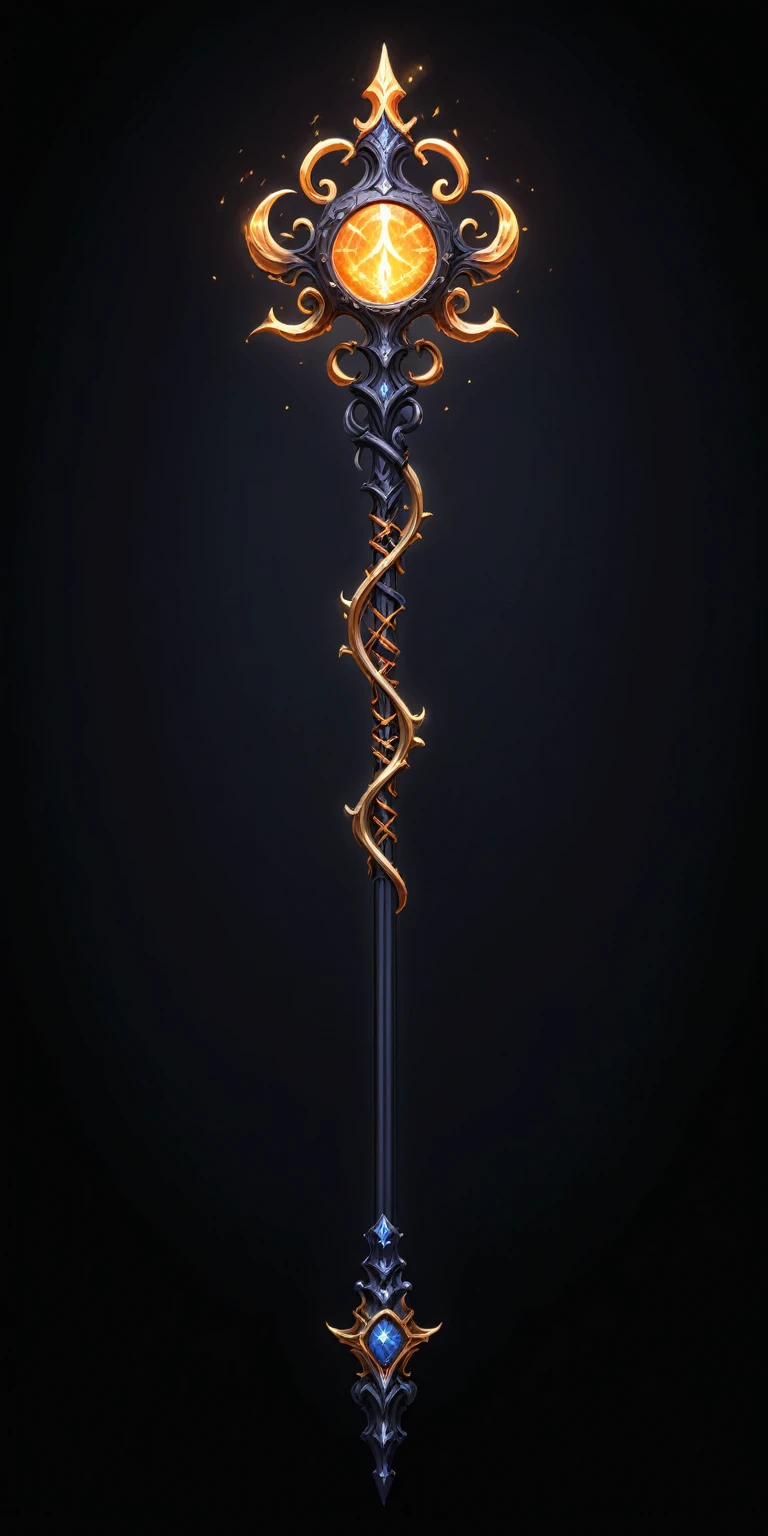pixel art, cartoon illustration, Divine glavie greatstaff, Powerfull Magical theme, simple black background, RPG game icon