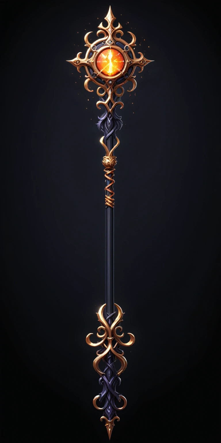 pixel art, cartoon illustration, Divine glavie greatstaff, Powerfull Magical theme, simple black background, RPG game icon