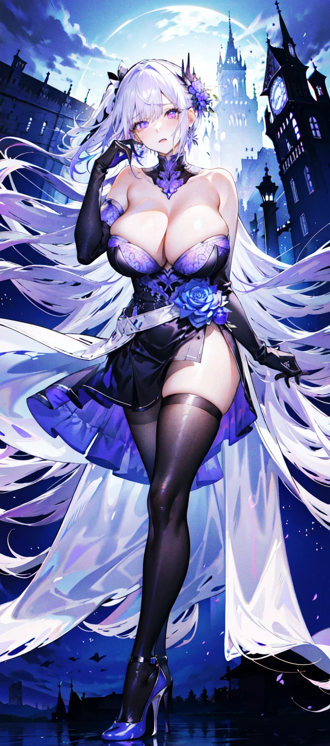 ((masterpiece:1.4,best quality)),(Super detailed),(Extremely detailed eyes),(black leggings,Shiny socks:1.5),Hello Darkness
(Cute girls),,(Blood-red pupils,Diamond-shaped pupil:1.15),Purple Eyeshadow,(elongated hair,Thick hair,Single ponytail,shiny hair:1.5)(Changes through:1.2),despair,sad,Empty eyes,tears streaming down my face,tilting its head to the side,
(She wore a blue dress,:1.5),(Black gloves:1.4)Very long plush sleeves,White,White Cloud,Dream bubbles ,Ice and glitter effects
(Black long skirt:1.1),
((Starry Sky:1.2)),
(Intense black and white:1.16),(Depth of Field:1.4),,Intricate details,(((Detailed background,Castle in the Sky,Purple flowers by the lake))),(((Huge breasts,Bare breasts,Deep cleavage,White stiletto high heels)))