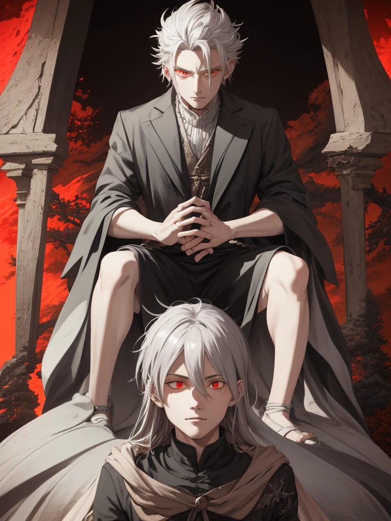 grey-haired, red-eyed the prince sits on a majestic throne inside an abandoned palace. the prince sits on a majestic throne inside an abandoned palace, 1 boy, blonde hair, Blue eyes, 20 years, Cold face, grin slightly, and covered with a dusty cloth. The protagonist is dressed in royal clothes., with a determined expression on his face, when he looks at the horizon with glowing red eyes, two beautiful girls stand behind, young girls, stand tall, dressed beautiful masterpiece, Best quality, ultra detailed, illustration, Concept art in 8K resolution, fantasy art, epic art, concept art wallpaper 4K, deep color, daylight