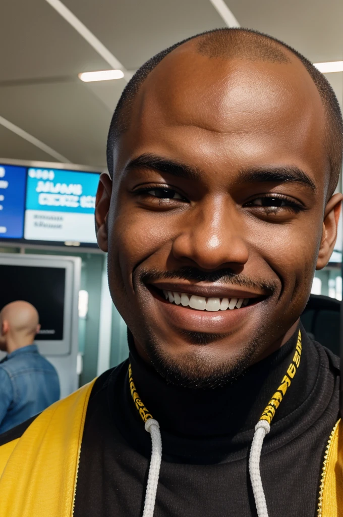 Bald hair big lips young black guy smiling selfie at airport
