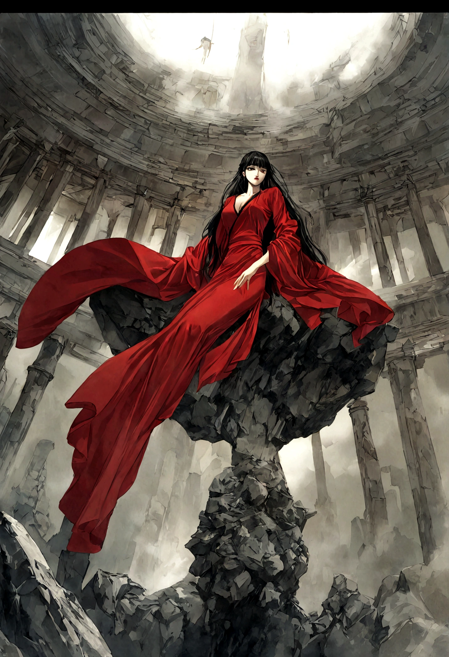 Beautiful girl in red robe, Chinese underground temple, Complex and detailed architecture, floating in the air, weird lights, Spacious and gloomy atmosphere, (best quality,4k,8K,High resolution,masterpiece:1.2),Extremely detailed,(Practical,photoPractical,photo-Practical:1.37),Complex buildings, Gorgeous details, Dramatic Lighting, moody atmosphere, Stunning beauty, flowing red robe, Mysterious ruins, unforgettable existence