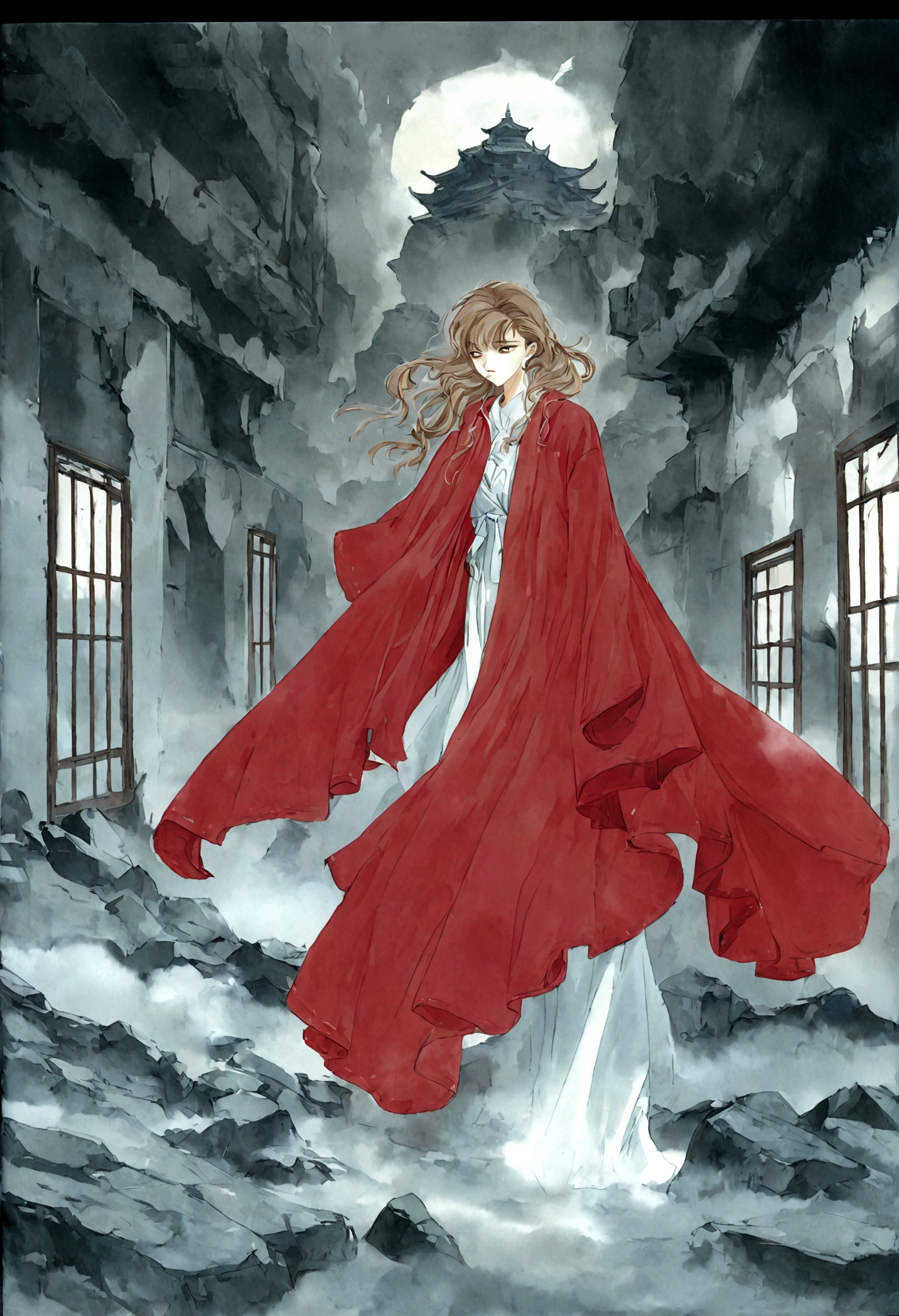 Beautiful girl in red robe, Chinese underground temple, Complex and detailed architecture, floating in the air, weird lights, Spacious and gloomy atmosphere, (best quality,4k,8K,High resolution,masterpiece:1.2),Extremely detailed,(Practical,photoPractical,photo-Practical:1.37),Complex buildings, Gorgeous details, Dramatic Lighting, moody atmosphere, Stunning beauty, flowing red robe, Mysterious ruins, unforgettable existence