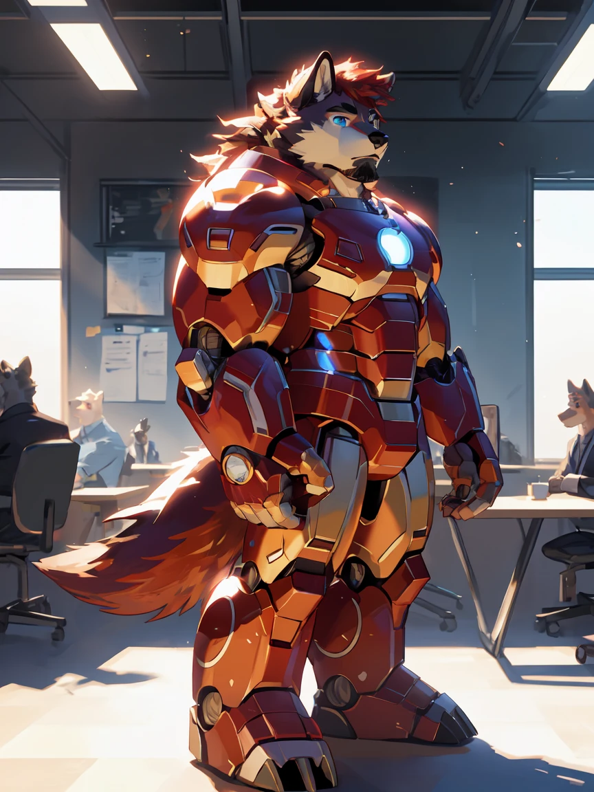 masterpiece, best quality, 8k resolution, Very detailed, hairy，Husky，(Red Hair)，(((Red fur)))，(((Blue eyes)))，Strong，Domineering face，(((Wear Iron Man Mecha Mark Series)))，(((Holding coffee))，(((For the audience)))，Highest quality scene，(((Solitary)))，solitary，Upright，full-body shot，Doubtful，((In the office))，((Sunlight))，((Shiny fur))，((Face-to-face))，(((Eyes on me)))