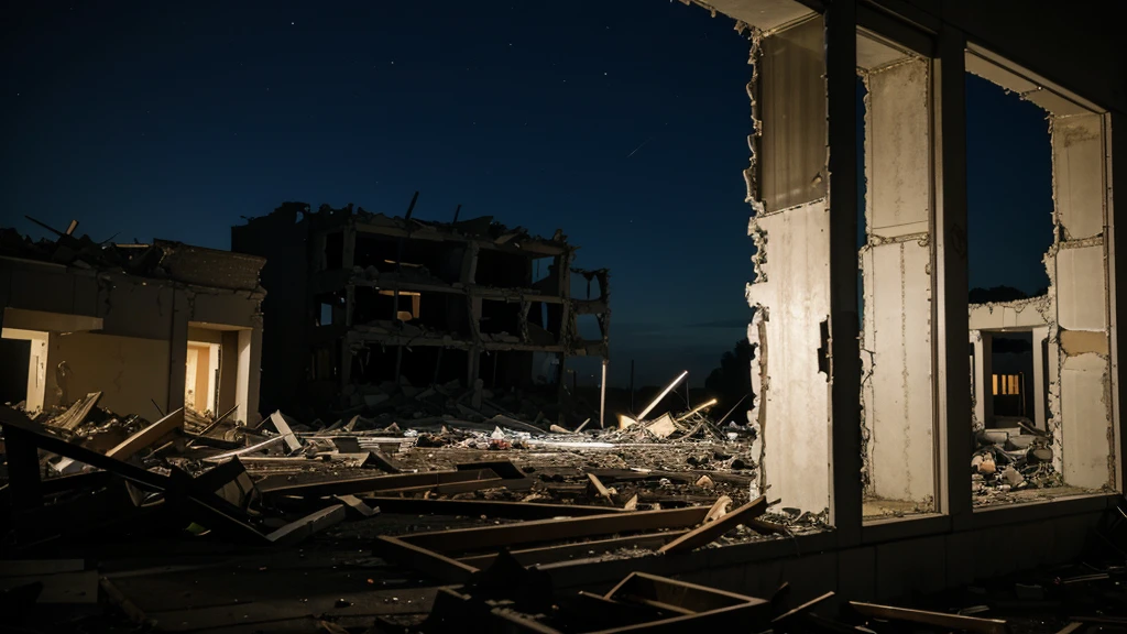 Scenery of a destroyed building at night