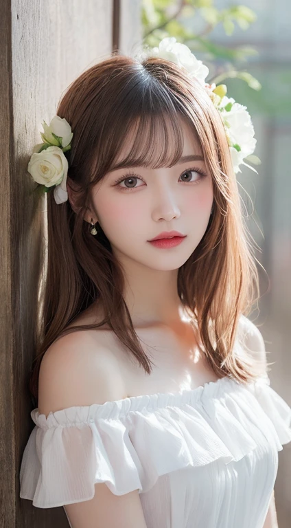 One girl,flower, Lisianthus ,A dreamy, romantic piece, Pale pink,Fantasy, White off-the-shoulder dress,Pink Long Hair,Brush strokes, Negative Space,Fantasy