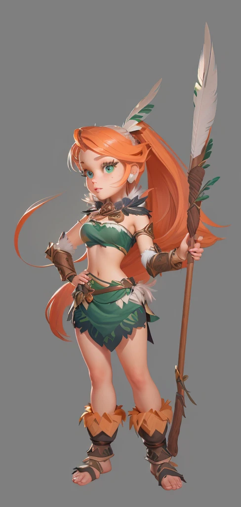 Close-up shot of cartoon girl in feather costume，Happy forest hunter lady, Exquisite facial features，Big eyes, white long hair lady， realistic character concept, Whole body concept, April Rendering, detailed Whole body concept, Female characters, Ultra-detailed fantasy characters, detailed Whole body concept art, Full body portrait, tribal girl, Character posing in concept art, unrealistic character concept, Full body portrait, 3D Game Style