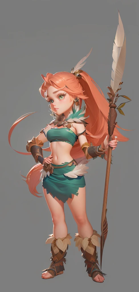 Close-up shot of cartoon girl in feather costume，Happy forest hunter lady, Exquisite facial features，Big eyes, white long hair lady， realistic character concept, Whole body concept, April Rendering, detailed Whole body concept, Female characters, Ultra-detailed fantasy characters, detailed Whole body concept art, Full body portrait, tribal girl, Character posing in concept art, unrealistic character concept, Full body portrait, 3D Game Style
