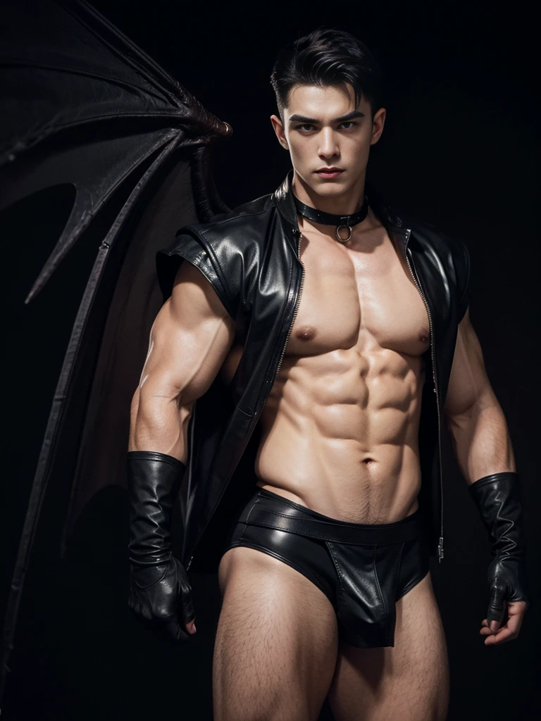 A muscular vampire, shirtless Caucasian male with short dark hair wearing black leather harness and briefs, he make black gloves , posing against a darkness background. he wears the big wing robes,
