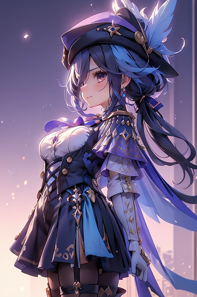 Side Angle、Cross your arms、Fearless smile、clorinde \(genshin impact\),1girl,solo,purple eyes,hat feather,tricorne,white gloves,low ponytail,blue cape,blue hair,epaulettes,black pantyhose,ascot,breasts,black skirt,corset,blue headwear,boots,leg garter,black corset,shirt,earrings,high heels,Office、Luxurious Western-style interior