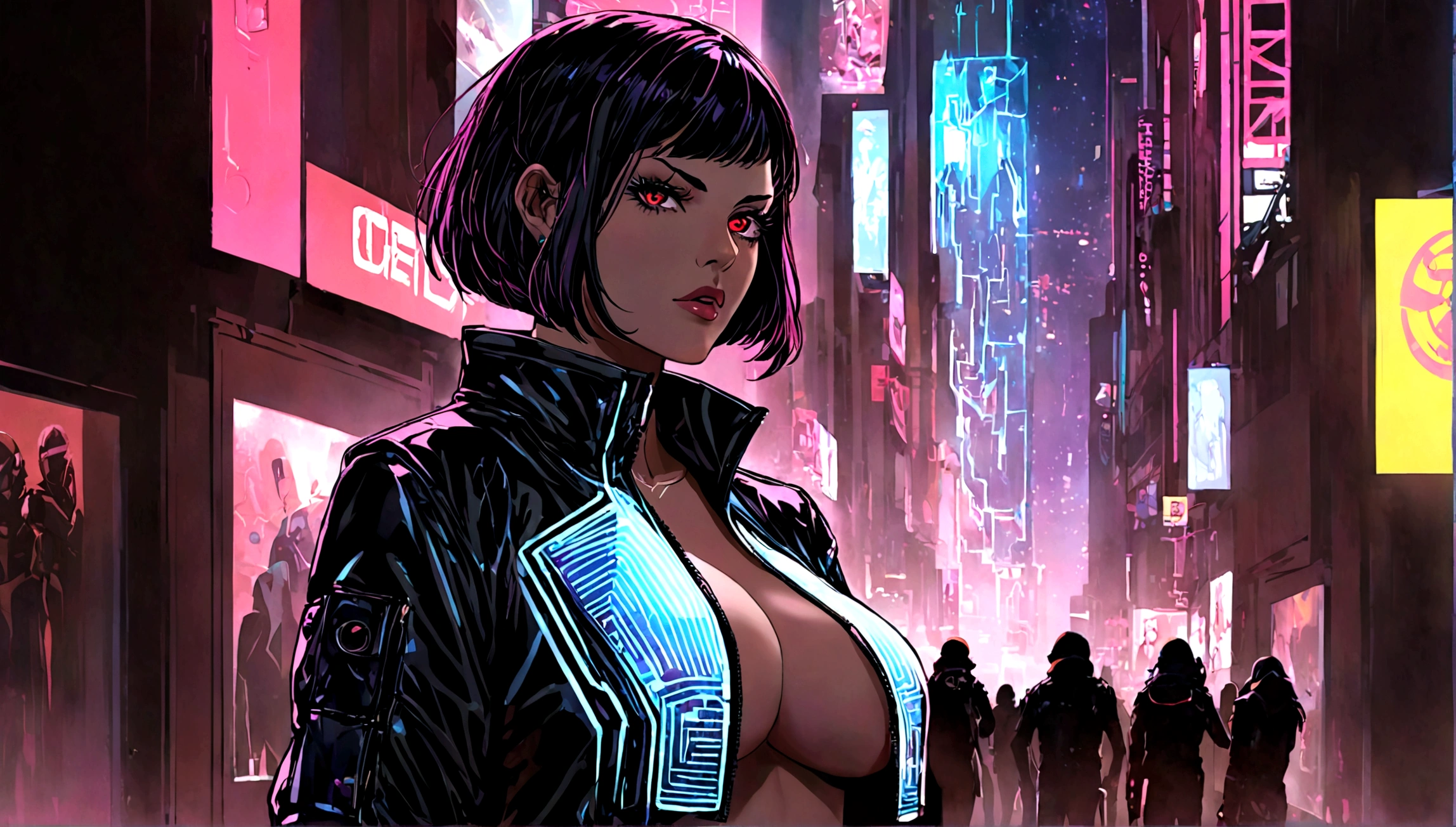 Alison Tyler, Cuerpo perfecto, ciberpunk, Musicians, mujer con corte bob de pelo rojo, lente gran angular, expresivo, buscar, laser hologram, Chaqueta de cuero blanca, Parte superior del edificio, noche de la ciudad cyberpunk, busto mediano, pose sexy