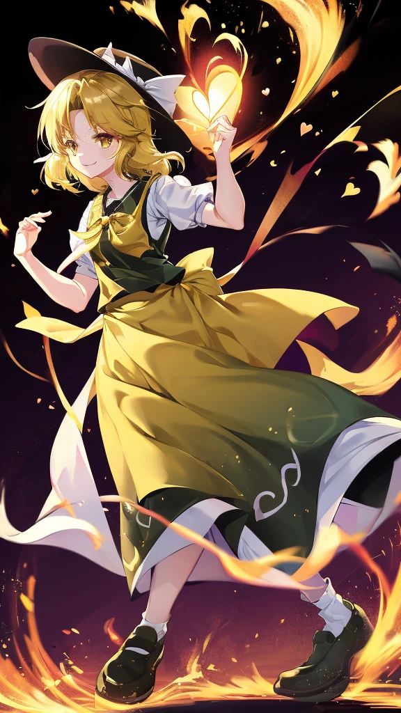 1girl, , , masterpiece, best quality, , medium blonde hair, forehead visible bags, yellow eyes, hat, heart, black headwear, puffy short sleeves, log black skirt, heart hads,,1girl, solo, yellow eyes, yellow hair, bow, hat bow, socks, black footwear, black skirt, short sleeves, yuki (touhou), black vest, white sleeves, frill skirt, light smile