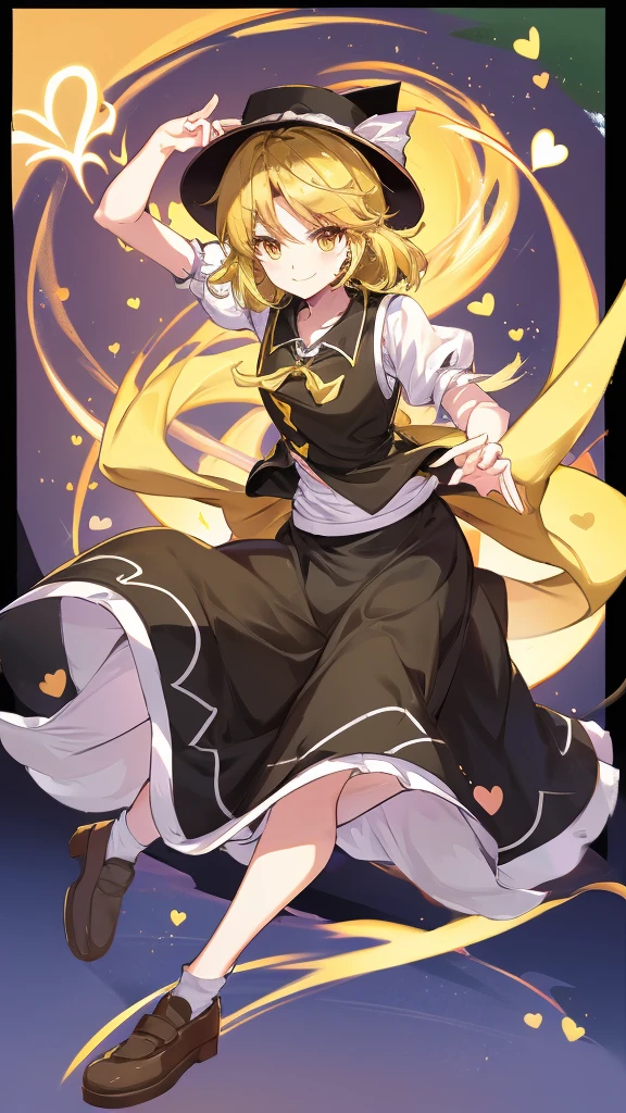 1girl, , , masterpiece, best quality, , medium blonde hair, forehead visible bags, yellow eyes, hat, heart, black headwear, puffy short sleeves, log black skirt, heart hads,,1girl, solo, yellow eyes, yellow hair, bow, hat bow, socks, black footwear, black skirt, short sleeves, yuki (touhou), black vest, white sleeves, frill skirt, light smile