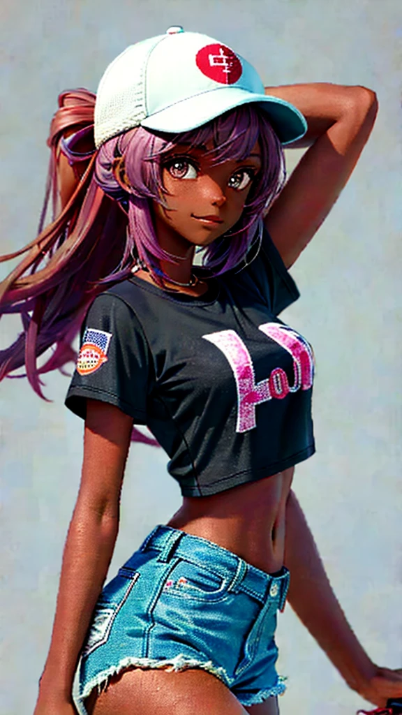 1 Girl, Solo, Dark Skinned, Dark Skinned Female, Torso, Baseball Cap, T-Shirt, Tomboy