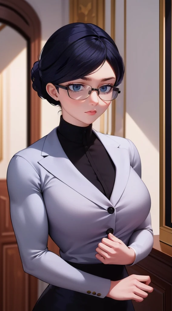 (masterpiece, best quality:1.2), 1girl, solo,Create a detailed illustration of Natalie Sancoeur from 'Miraculous Ladybug.' She is depicted in her usual professional attire, with a stern and composed expression. The background should be set in the Agreste mansion, showcasing elements like elegant furniture and a grand staircase, reflecting the opulent setting. Emphasize her poised and meticulous nature, highlighting her distinctive glasses and neatly tied hair. The overall mood should be serious and sophisticated, capturing her role as a competent and loyal assistant.,a big muscular female bodybuilder, muscular female body, detailed face, beautiful detailed eyes, beautiful detailed lips, extremely detailed eyes and face, long eyelashes, muscular body, athletic pose, serious expression, black hair, corporate attire, office setting, indoor scene, professional, photorealistic, 4k, highres, best quality, ultra-detailed, realistic