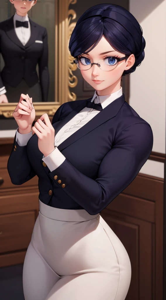 (masterpiece, best quality:1.2), 1girl, solo,Create a detailed illustration of Natalie Sancoeur from 'Miraculous Ladybug.' She is depicted in her usual professional attire, with a stern and composed expression. The background should be set in the Agreste mansion, showcasing elements like elegant furniture and a grand staircase, reflecting the opulent setting. Emphasize her poised and meticulous nature, highlighting her distinctive glasses and neatly tied hair. The overall mood should be serious and sophisticated, capturing her role as a competent and loyal assistant.,a big muscular female bodybuilder, muscular female body, detailed face, beautiful detailed eyes, beautiful detailed lips, extremely detailed eyes and face, long eyelashes, muscular body, athletic pose, serious expression, black hair, corporate attire, office setting, indoor scene, professional, photorealistic, 4k, highres, best quality, ultra-detailed, realistic