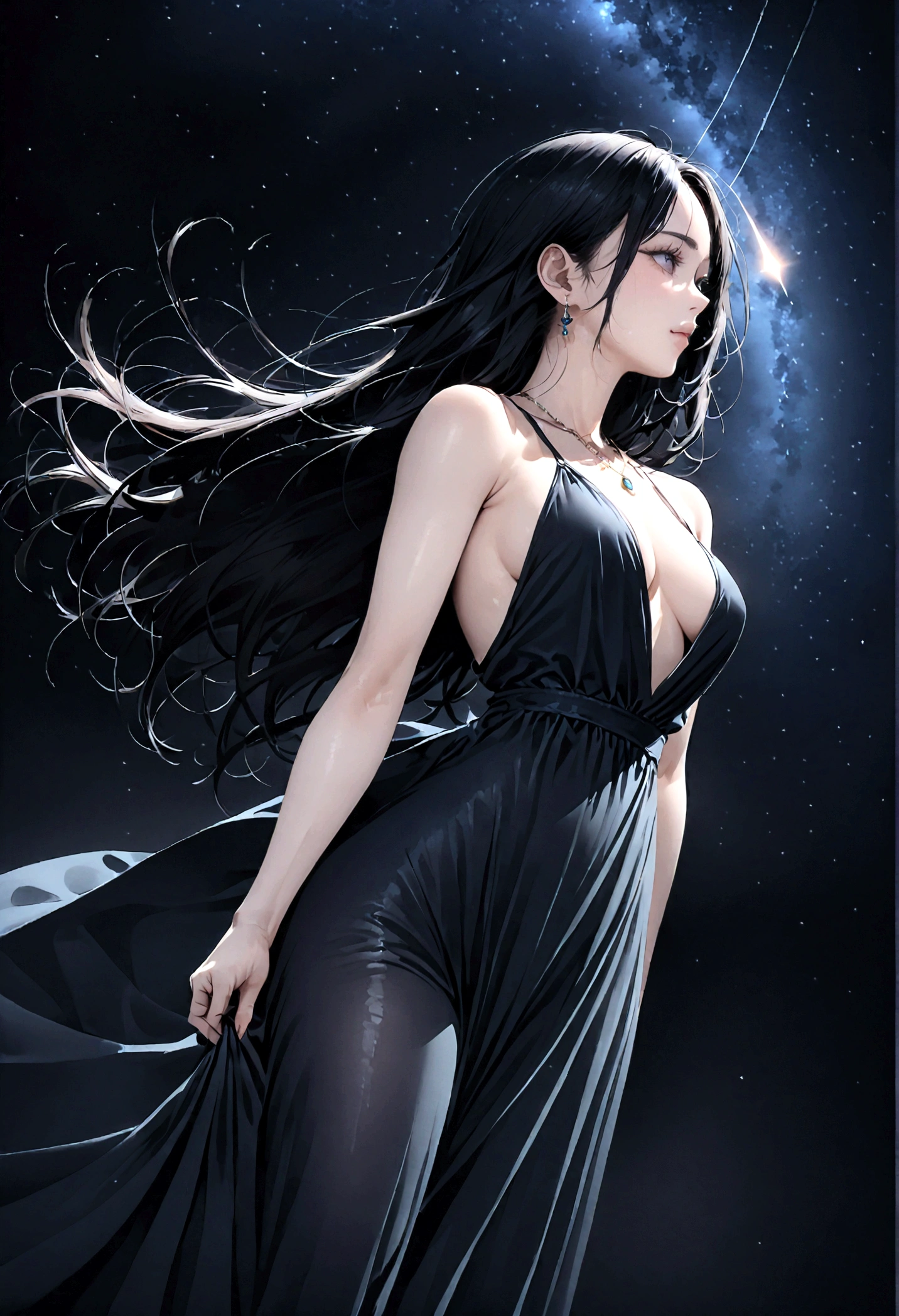 8k, masterpiece, RAW Photos, highest quality, Realistic, Very detailed, Depth of written boundary, Cinematic Light, Anatomically correct body,
An elegant beautiful mature woman, Very beautiful face, Exquisitely detailed face, (Goddess-like deity々Beautiful:1.4), Very sensitive skin, Transparent muscle, Shiny white skin, Glamorous Body,
(Wavy black long hair:1.2), Sexy Breasts, Sexy ass,
(A long dress with a slit fluttering in the wind:1.4), (Detailed cloth texture:1.2), (Gorgeous necklace:1.1), (Gorgeous earrings:1.1),
(Dark starry background:1.4), (Milky Way:1.1), (milky way:1.1), (shooting star:1.1), (Dark coastline at night:1.4), (Pitch black sea surface:1.4),
(Low angle shot:1.8),