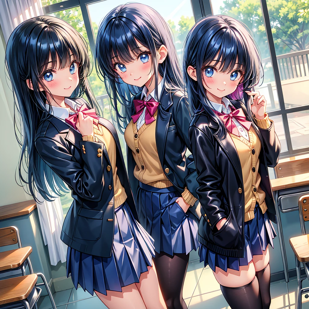 Best Quality，8K，middle School girlasterpiece，smile，Cute uniform，Group photo，Ribbon on uniform，Horny girl，Wearing a cardigan with the uniform，highest quality，Naughty Girls，Beautiful girls，Standing posture，，Group photo，Hands in pockets，，leather jacket，classroom，fur jacket，Latest Fashion，Multiple girls，Wearing a mask，Long Hair，Smooth hair，Ultra HD、Blue button blazer，Disorganized，Naughty Girlulticolored hair colors，最高masterpiece、perfection，Super cute angel girl