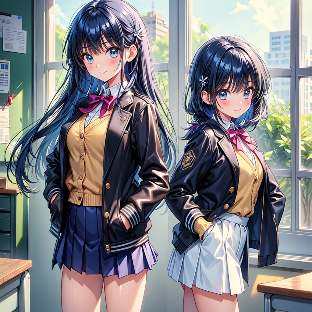 Best Quality，8K，middle School girlasterpiece，smile，Cute uniform，Group photo，Ribbon on uniform，Horny girl，Wearing a cardigan with the uniform，highest quality，Naughty Girls，Beautiful girls，Standing posture，，Group photo，Hands in pockets，，leather jacket，classroom，fur jacket，Latest Fashion，Multiple girls，Wearing a mask，Long Hair，Smooth hair，Ultra HD、Blue button blazer，Disorganized，Naughty Girlulticolored hair colors，最高masterpiece、perfection，Super cute angel girl