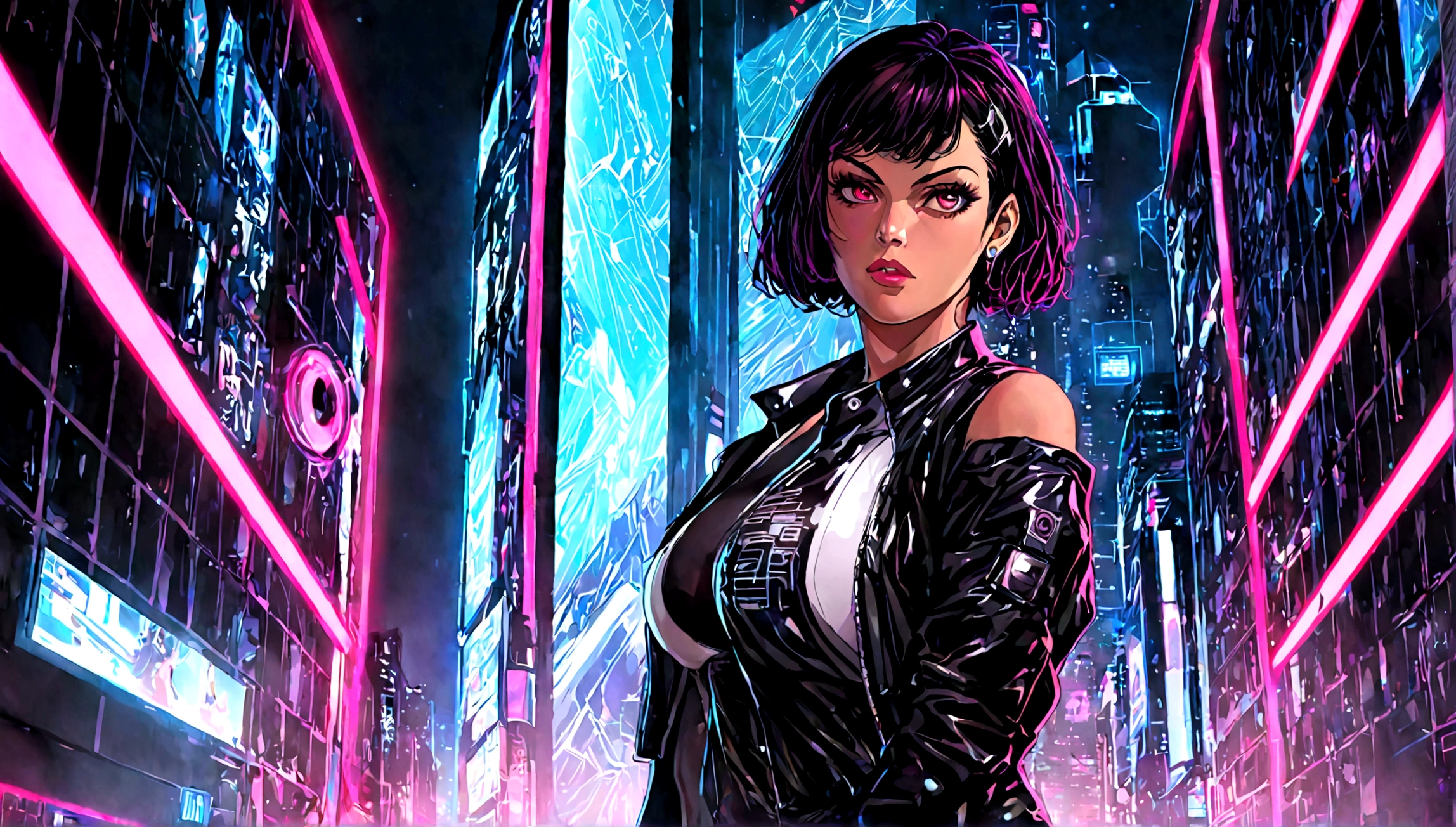 Alison Tyler, Cuerpo perfecto, ciberpunk, Musicians, mujer con corte bob de pelo rojo, lente gran angular, expresivo, buscar, laser hologram, Chaqueta de cuero blanca, Parte superior del edificio, noche de la ciudad cyberpunk, busto mediano, pose sexy