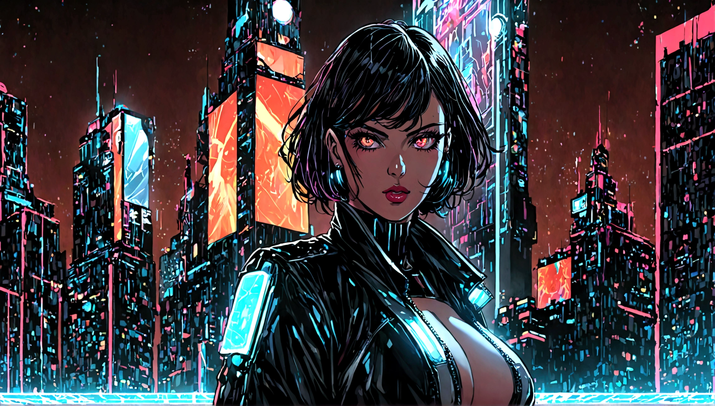 Alison Tyler, Cuerpo perfecto, ciberpunk, Musicians, mujer con corte bob de pelo rojo, lente gran angular, expresivo, buscar, laser hologram, Chaqueta de cuero blanca, Parte superior del edificio, noche de la ciudad cyberpunk, busto mediano, pose y