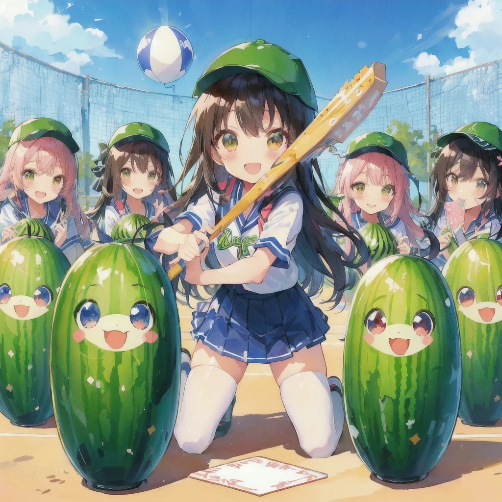 野球のバットとピクルスを野原で持つAnime Girls, smile,Cute Anime, high detailed Official artwork, Naughty anime style, Popular on pixiv, Game Art!!, Official Fan Art, Cute artwork, Anime Girls, the material is!!! watermelon!!!, Splash Art Anime , Cute art style, Topics on pixiv, For AAA games, Official artwork, Official Anime Artwork