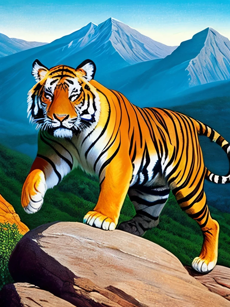 painting of a tiger running on a rock with a mountain in the background, ((tiger)), by Joe Jusko, tiger_beast, by Bob Eggleton, majestic!!! beautiful!!!, a tiger, tiger, by Carlos Berlanga, by Ignacio Zuloaga, ultra realistic!!!, by Li Kan, by Min Zhen, strong and ferocious