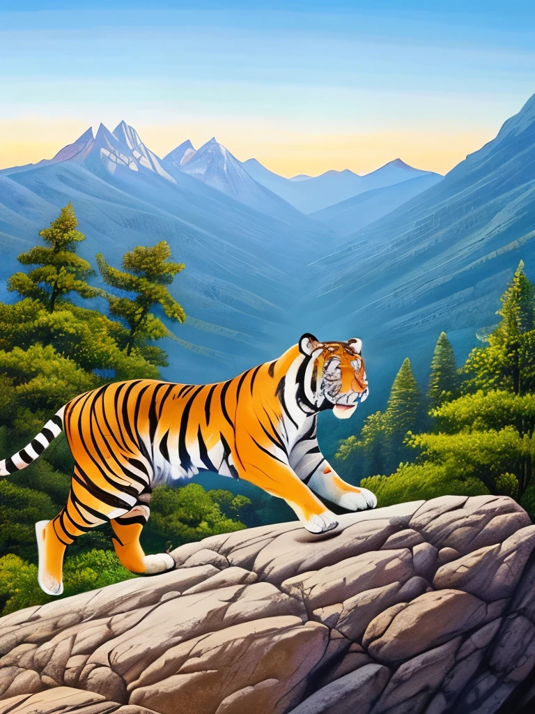 painting of a tiger running on a rock with a mountain in the background, an airbrush painting by Joe Jusko, flickr, hyperrealism, ((tiger)), tiger_beast, majestic!!! beautiful!!!, a tiger, tiger, ultra realistic!!!, strong and ferocious, mouth open in a terrifying roar, tigers, awesome, tiger of fire flying