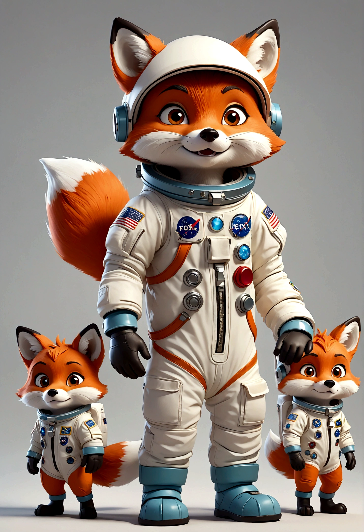 cute anthropomorphic little fox character, Astronaut outfit, multiple poses and expressions, 4 poses, full body, children's book illustration style, simple, cute, artist, full color, 3d model, light and shadow, suit clothes, flat color, white background, look straight, wearing an astronaut hat