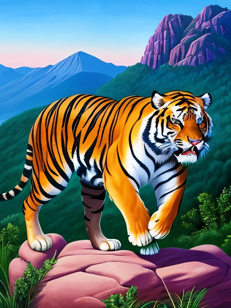 painting of a tiger running on a rock with a mountain in the background, an airbrush painting by Joe Jusko, flickr, hyperrealism, ((tiger)), tiger_beast, majestic!!! beautiful!!!, a tiger, tiger, ultra realistic!!!, strong and ferocious, mouth open in a terrifying roar, tigers, awesome, tiger of fire flying