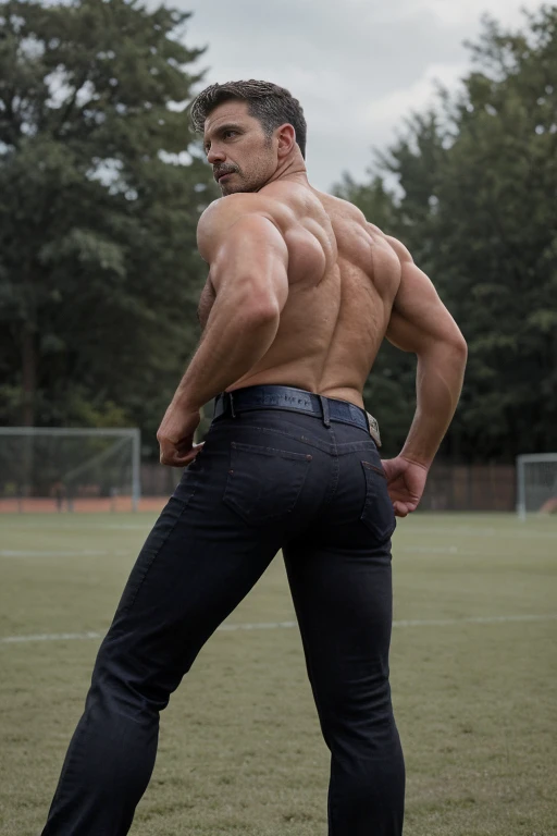 (((Muscular man))) masterpiece, best quality, high resolution, closeup portrait, male focus, solo focus, A man, 50 years old, grey hair, soccer player, football player, grey silver hair, messy hairstyle, cute and seductive face, bare chest, body hair, facial hair, roman nose, , hairy legs, cute, dimples, goatee and mustache, bold jawline , full body, sweaty, in the background an outdoor soccer football field, amazing composition, , HDR, ultra quality, elegant, highly detailed,, beautiful asd, realisric male genitalia (((Big muscles))) (((black jeans))) backside