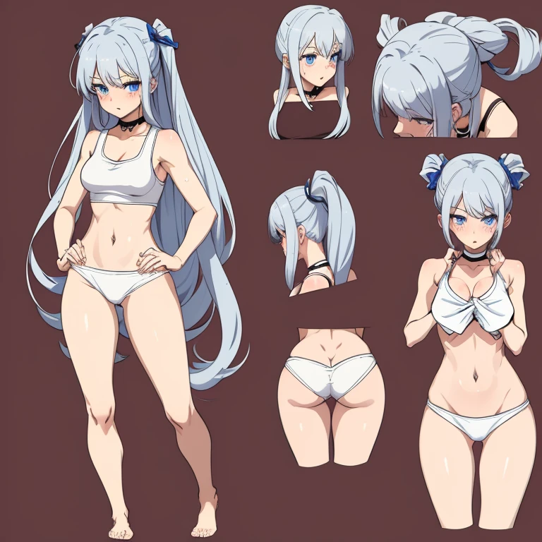 Anime style,masterpiece, high quality, 最high quality, ((Character design sheet, )),One girl,Slender figure,Small breasts,White tank top,White panties,heart-shaped pupils,Gray Hair,Blue eyes,(blush:1.1),choker,Upper Body,trembling,Sweat,Sweatdrop,heart, ((Heavy breathing:1.3)),