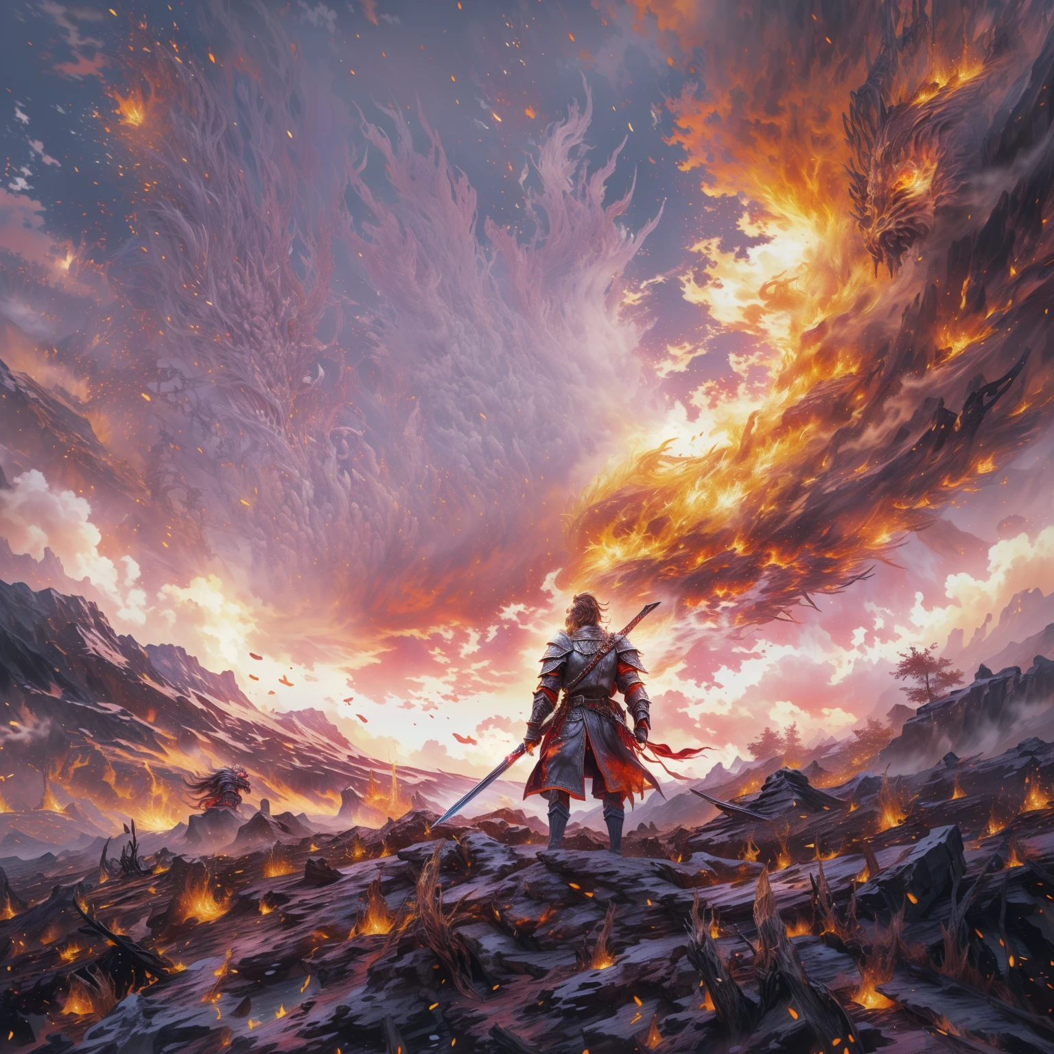 A knight holding a sword, Standing in front of the fiery red sky with his back to the camera, There is a Chinese dragon in the sky on the right, Epic fantasy artwork, Epic Fantasy Game Art, 4k fantasy art, Epic fantasy art, concept art wallpaper 4k, A man wearing a coat、Man holding a sword walking on the battlefield, epic beautiful art, Medieval style, Epic RPG Portrait, Stunning character art, fighting background, Wide battlefield, Alone, Back，战场上一个男人的Back, The flames spread, The fire burst into the sky, The war is raging, wounded, Blood, Weapons scattered on the ground, Top quality, Best quality, masterpiece, The most detailed, rich and colorful, war