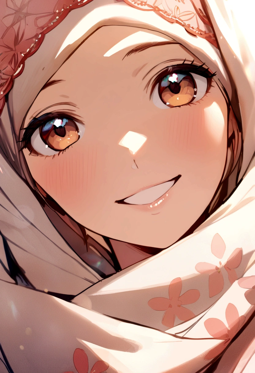 masterpiece, best quality, beautiful detailed face, perfect feminine face, (happy:1.2), smiling, (close-up potrait:1.2), face focus, a beautiful and cute girl with sakura blossom print hijab, pashmina hijab, pashmina sabyan hijab, white hijab, young girl, solo, 1girl, shiny skin, lens flare, sharp focus, volumetric lighting