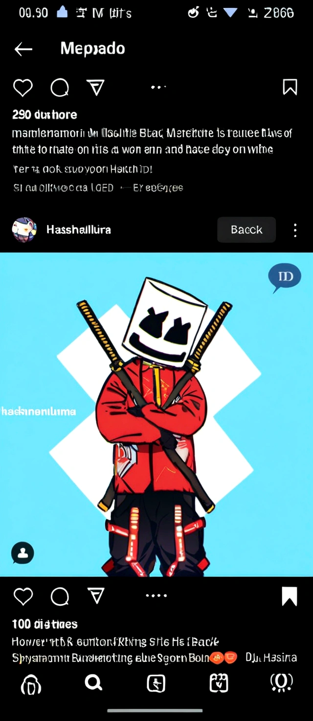 DJ marshmallow version Hashira cyberpunk wearing a black and white kimono tunic using a black scythe carrying on his back
