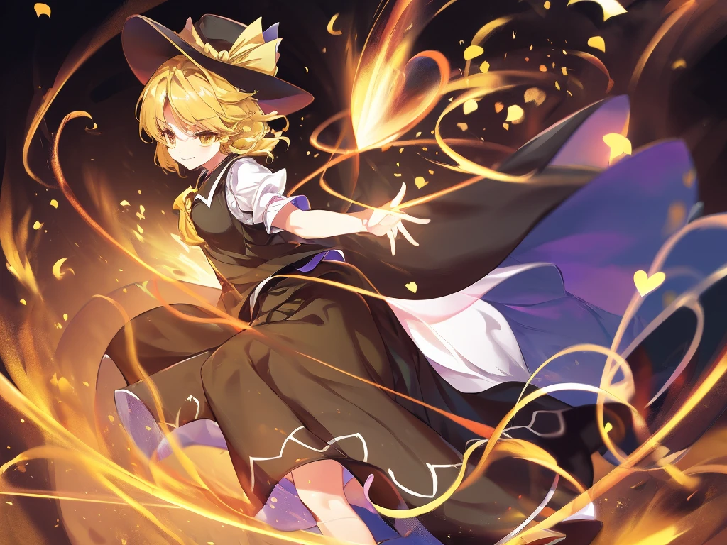 1girl, , , masterpiece, best quality, 10 years old, medium blonde hair, forehead visible bags, yellow eyes, hat, heart, black headwear, puffy short sleeves, log black skirt, heart hads,,1girl, solo, yellow eyes, yellow hair, bow, hat bow, socks, black footwear, black skirt, short sleeves, yuki (touhou), black vest, white sleeves, frill skirt, light smile