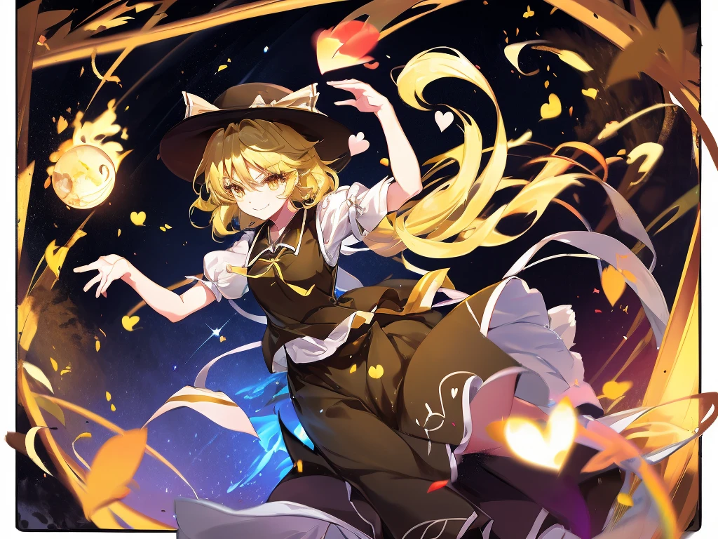 1girl, , , masterpiece, best quality, 10 years old, medium blonde hair, forehead visible bags, yellow eyes, hat, heart, black headwear, puffy short sleeves, log black skirt, heart hads,,1girl, solo, yellow eyes, yellow hair, bow, hat bow, socks, black footwear, black skirt, short sleeves, yuki (touhou), black vest, white sleeves, frill skirt, light smile
