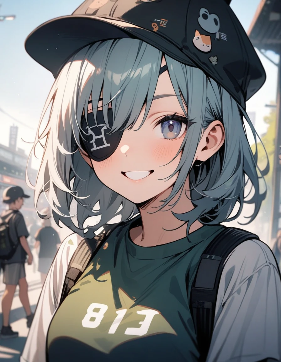 One boyish girl, highest quality，so beautiful，Outdoor，masterpiece，Eye patch，Date，Cat hat，smile，Sports