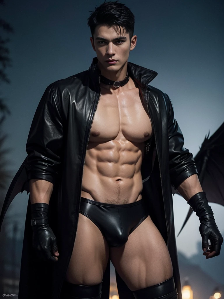 A muscular vampire, shirtless Caucasian male with short dark hair wearing black leather harness and briefs, he make black gloves , posing against at night outdoor. he wears the big wing robes,