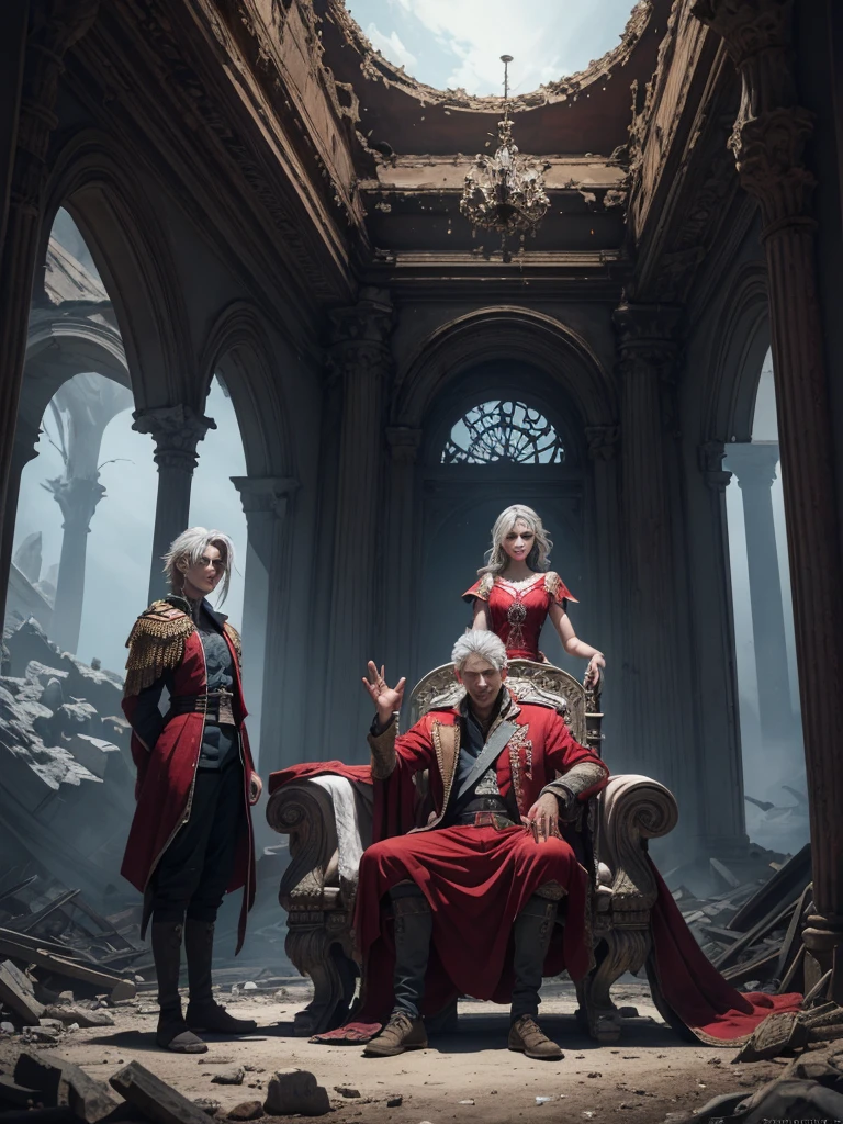 grey-haired, red-eyed the prince sits on a majestic throne inside an abandoned palace. the prince sits on a majestic throne inside an abandoned palace, 1 boy, blonde hair, Blue eyes, 20 years, Cold face, grin slightly, and covered with a dusty cloth. The protagonist is dressed in royal clothes, with a determined expression on his face, when he looks at the horizon with glowing red eyes, two beautiful girls stand behind, young girls, stand tall, dressed beautiful masterpiece, Best quality, ultra detailed, illustration, Concept art in 8K resolution, fantasy art, epic art, concept art wallpaper 4K, deep color, daylight