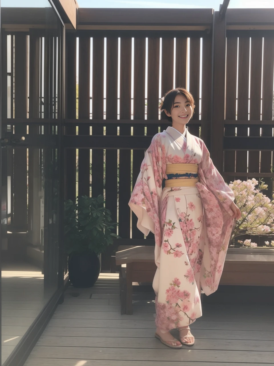 Short-cut hairstyles 、Women in Japan、(Beautiful woman with perfect body shape) 、Full body slender、masterpiece, top-quality, realisitic, Photorealsitic,ultra-detailliert,1girl,solo, closeup portrait,a smile, Standing in the pink flowers of the plum, kimono, Wearing petals,
