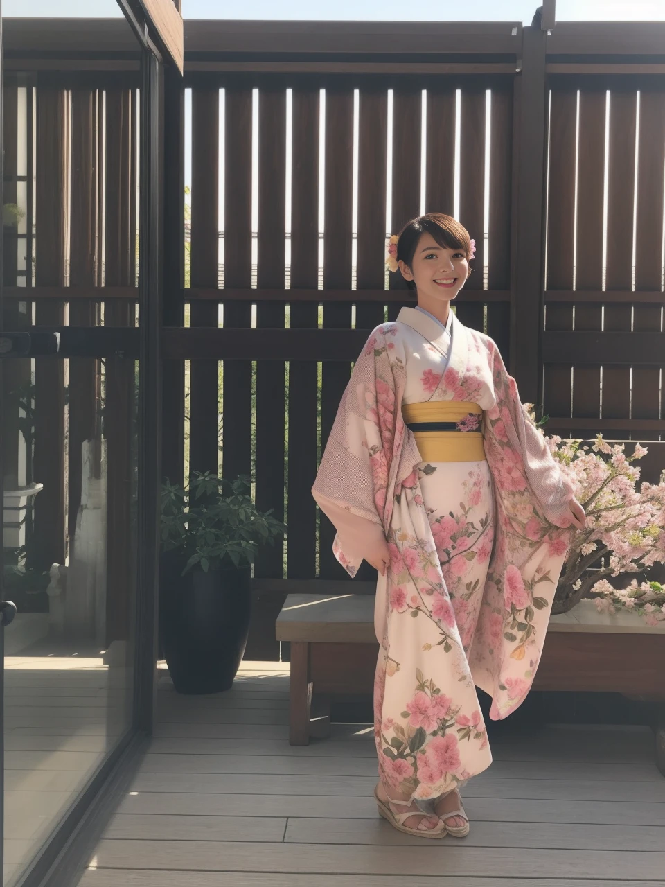Short-cut hairstyles 、Women in Japan、(Beautiful woman with perfect body shape) 、Full body slender、masterpiece, top-quality, realisitic, Photorealsitic,ultra-detailliert,1girl,solo, closeup portrait,a smile, Standing in the pink flowers of the plum, kimono, Wearing petals,