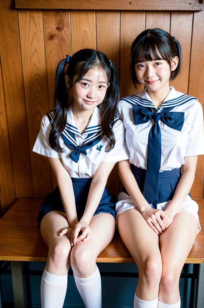 2 girls sitting on desk in wooden school classroom,white shirt with sailor collar,white speedo briefs,navy blue socks,pink plaid bow tie,18-year-old,bangs,a little smile,thighs,knees,wet short hair with low pigtails,from before,front light